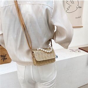Elegant Tan Woven Mini Bag with Pearl Handle
